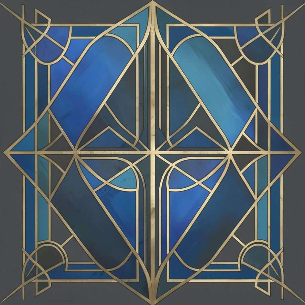 An art-deco geometric composition with symmetrical motifs in muted gold and charcoal tones