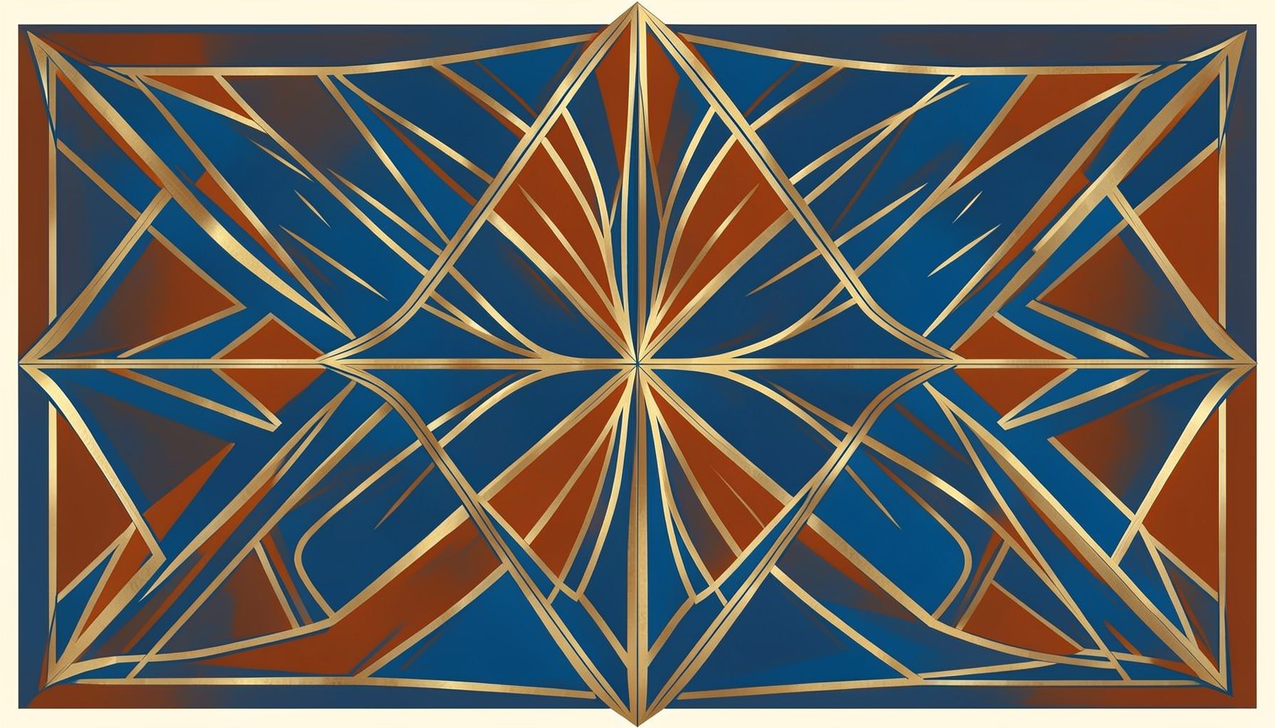 Art-deco geometric composition with symmetrical motifs in slate blue, burnt orange, and cream, suggesting strength and momentum