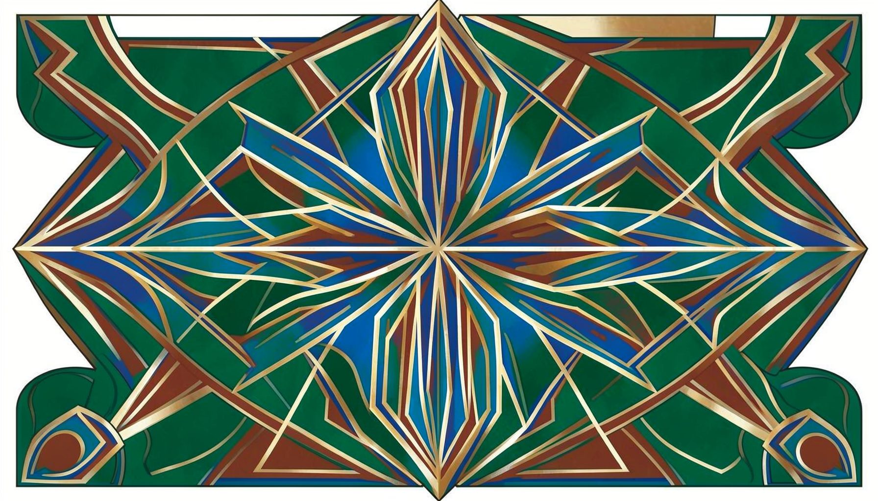 Art-deco geometric composition with symmetrical motifs in forest green, rust, and off-white, conveying an energetic outdoor feel