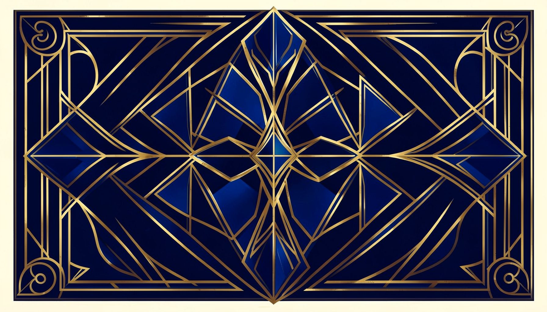 Art-deco geometric composition with symmetrical motifs in deep navy, gold, and cream, evoking a vintage concert-poster feel