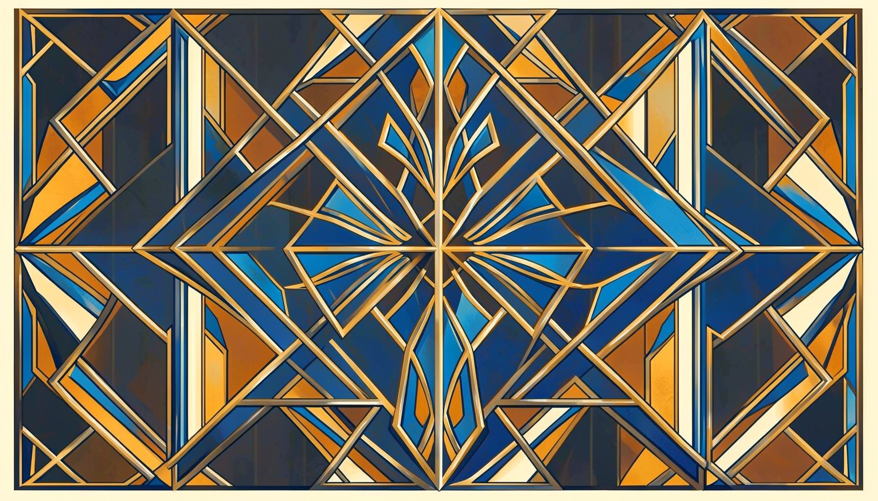Art-deco geometric composition with symmetrical motifs in warm amber, charcoal, and ivory, suggesting a lively festival atmosphere