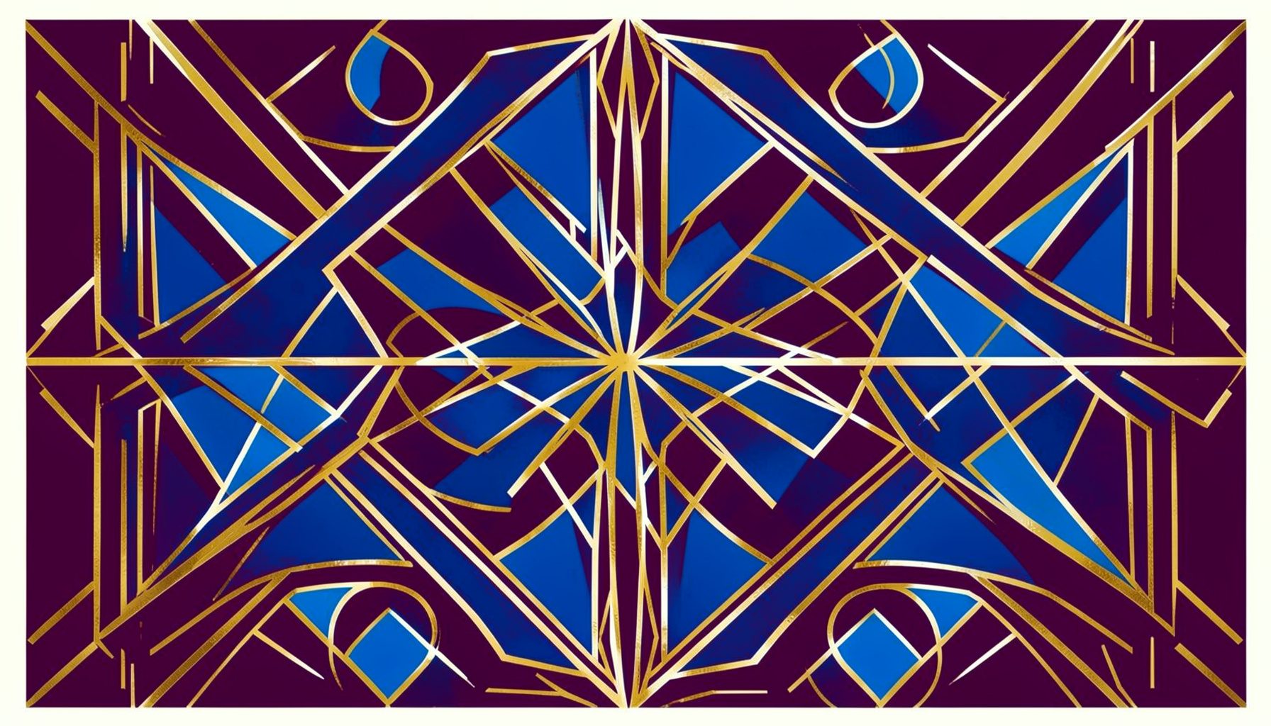 Art-deco geometric composition with symmetrical motifs in deep plum, mustard, and off-white, evoking a bold screen-print aesthetic