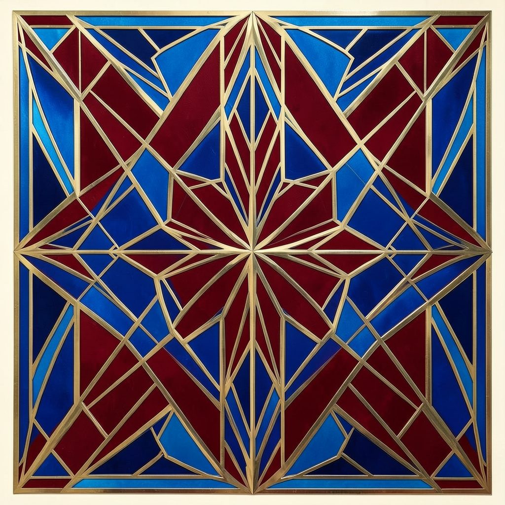 Art-deco geometric composition with symmetrical motifs in deep red, gold, and cream, evoking a festive holiday mood