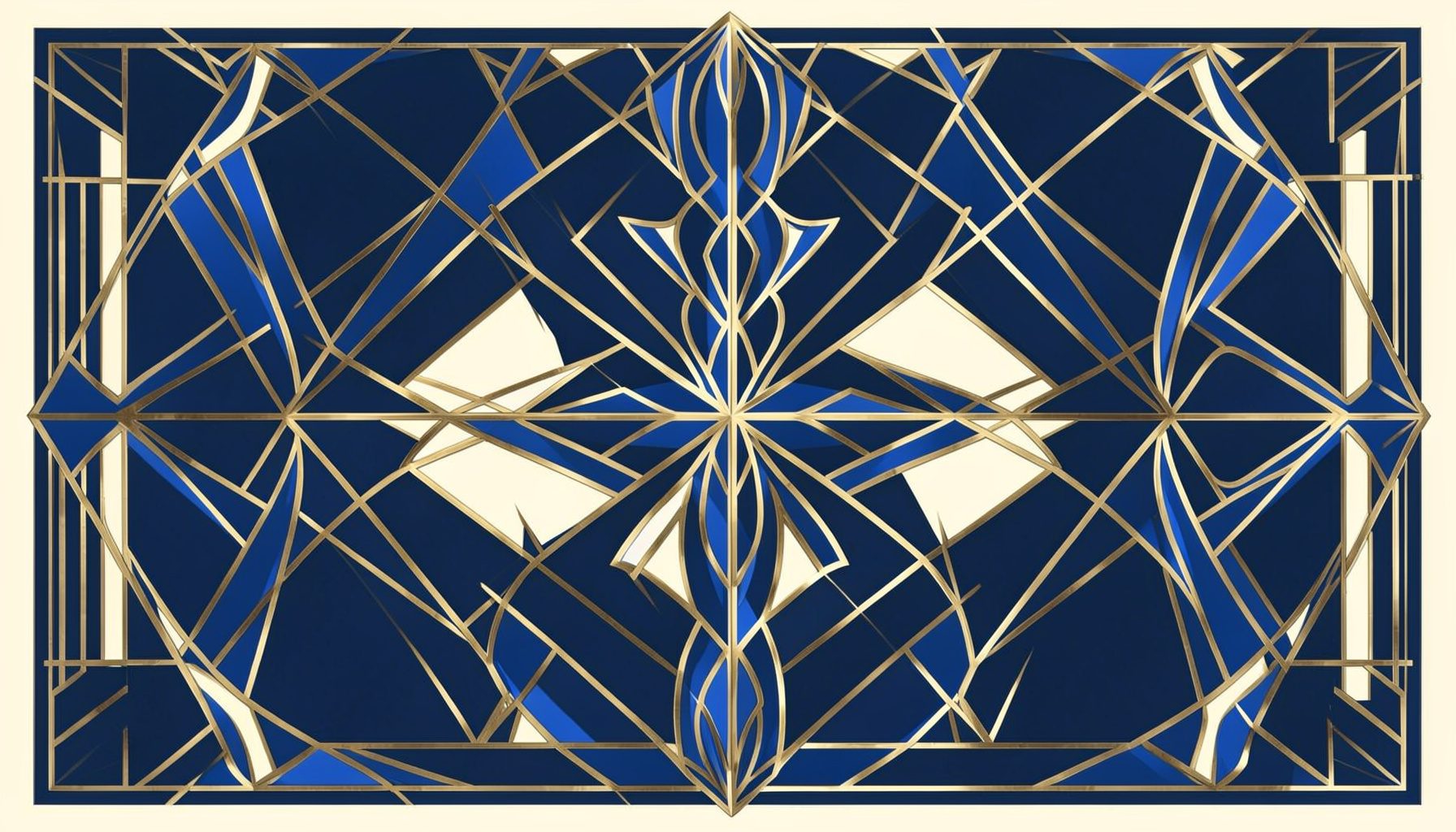 Art-deco geometric composition with symmetrical motifs in muted gold, deep navy, and cream tones, evoking refined editorial design