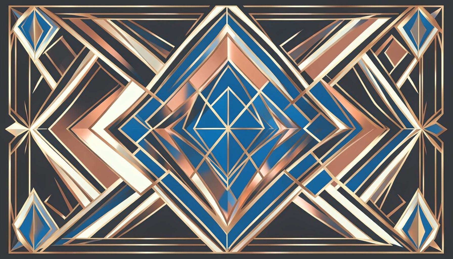 An art-deco geometric composition with layered diamond and chevron patterns in charcoal, ivory, and soft copper