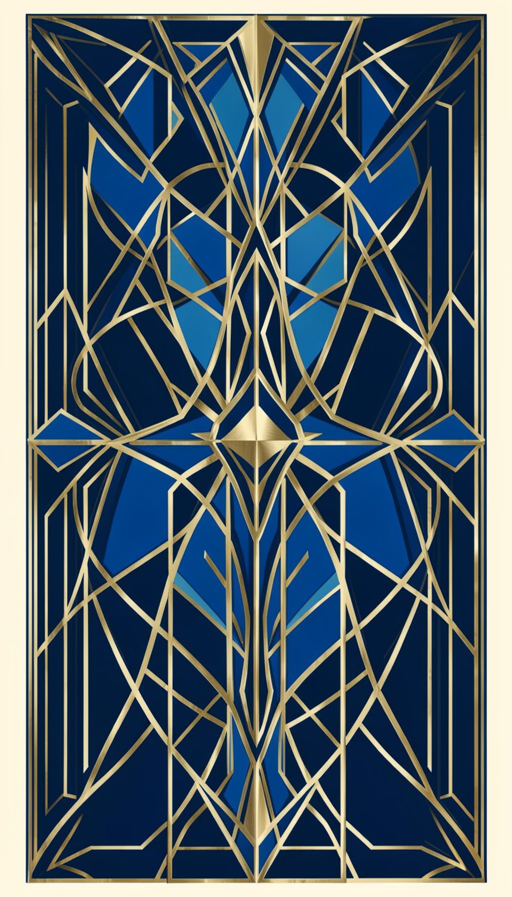 Art-deco geometric composition with symmetrical motifs in muted gold, navy, and cream tones, suggesting elegant stationery