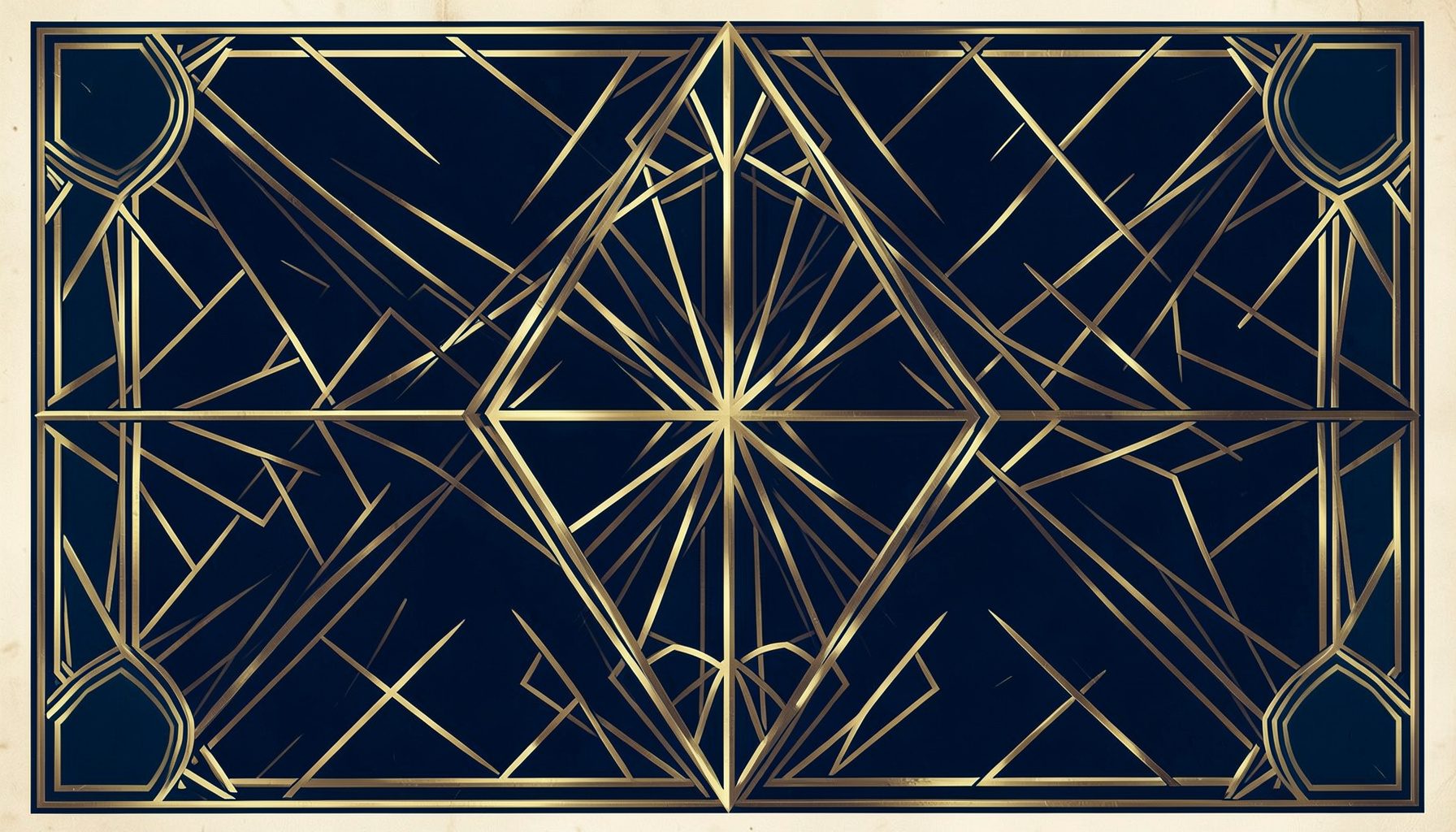 An art-deco geometric composition with symmetrical motifs in deep navy, gold, and cream, evoking a vintage concert-poster feel