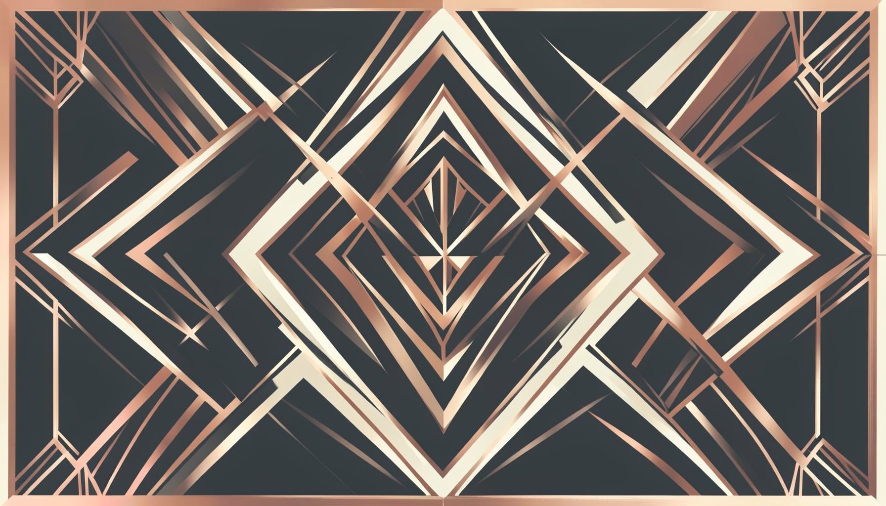 An art-deco geometric composition with layered diamond and chevron patterns in charcoal, ivory, and soft copper