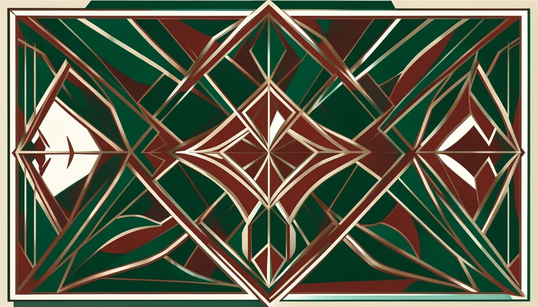 An art-deco geometric composition with symmetrical motifs in forest green, rust, and off-white, conveying an energetic outdoor mood