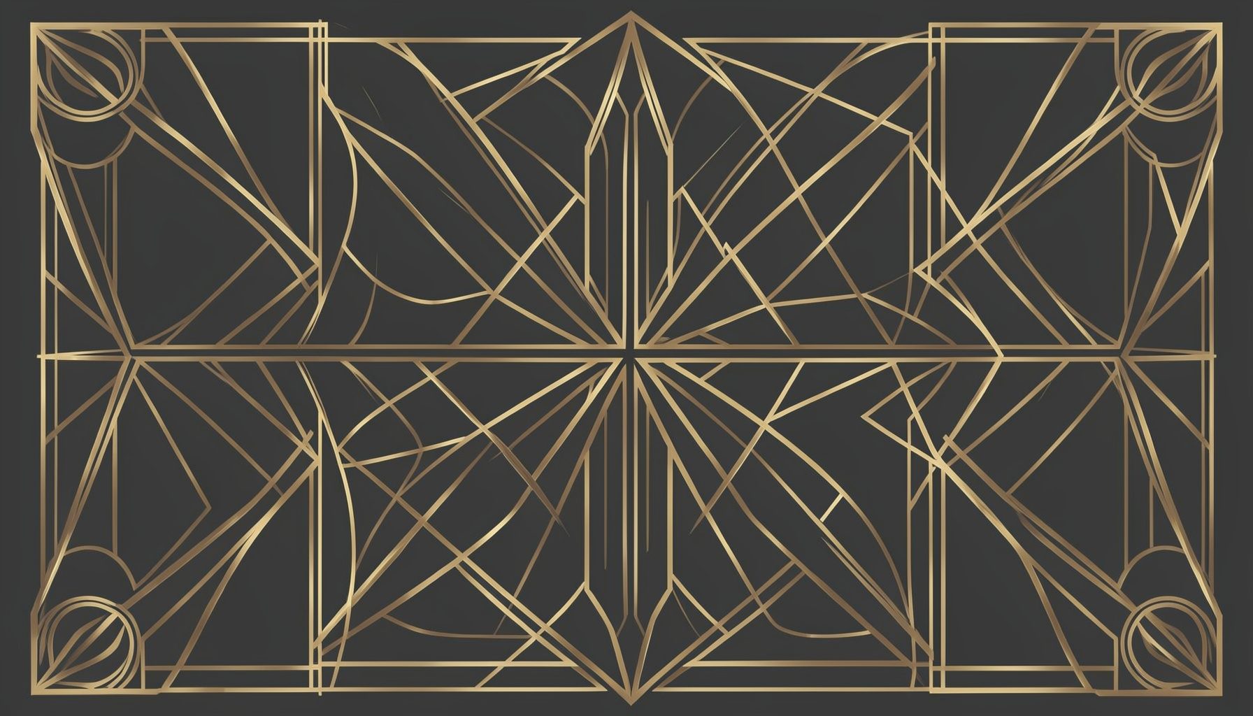 An art-deco geometric composition with symmetrical motifs in muted gold and charcoal tones, conveying a refined editorial aesthetic