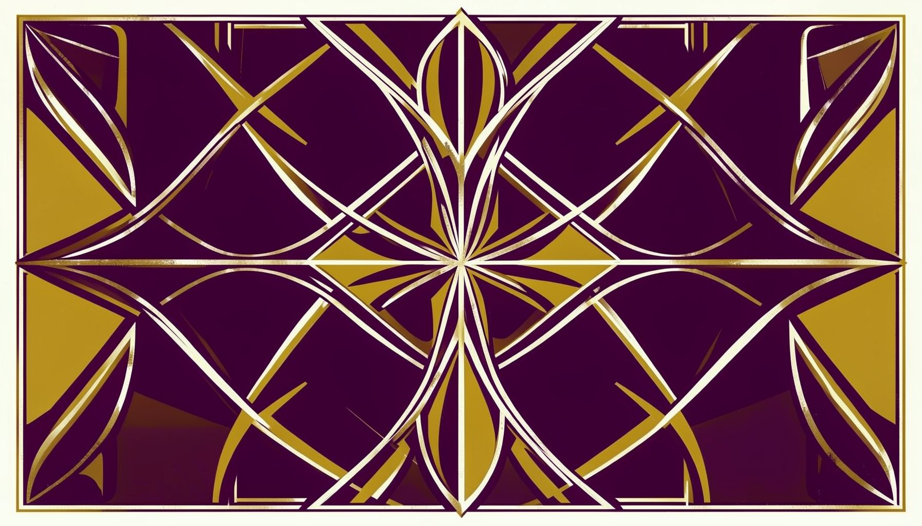 An art-deco geometric composition with symmetrical motifs in deep plum, mustard, and off-white, evoking a bold screen-print feel