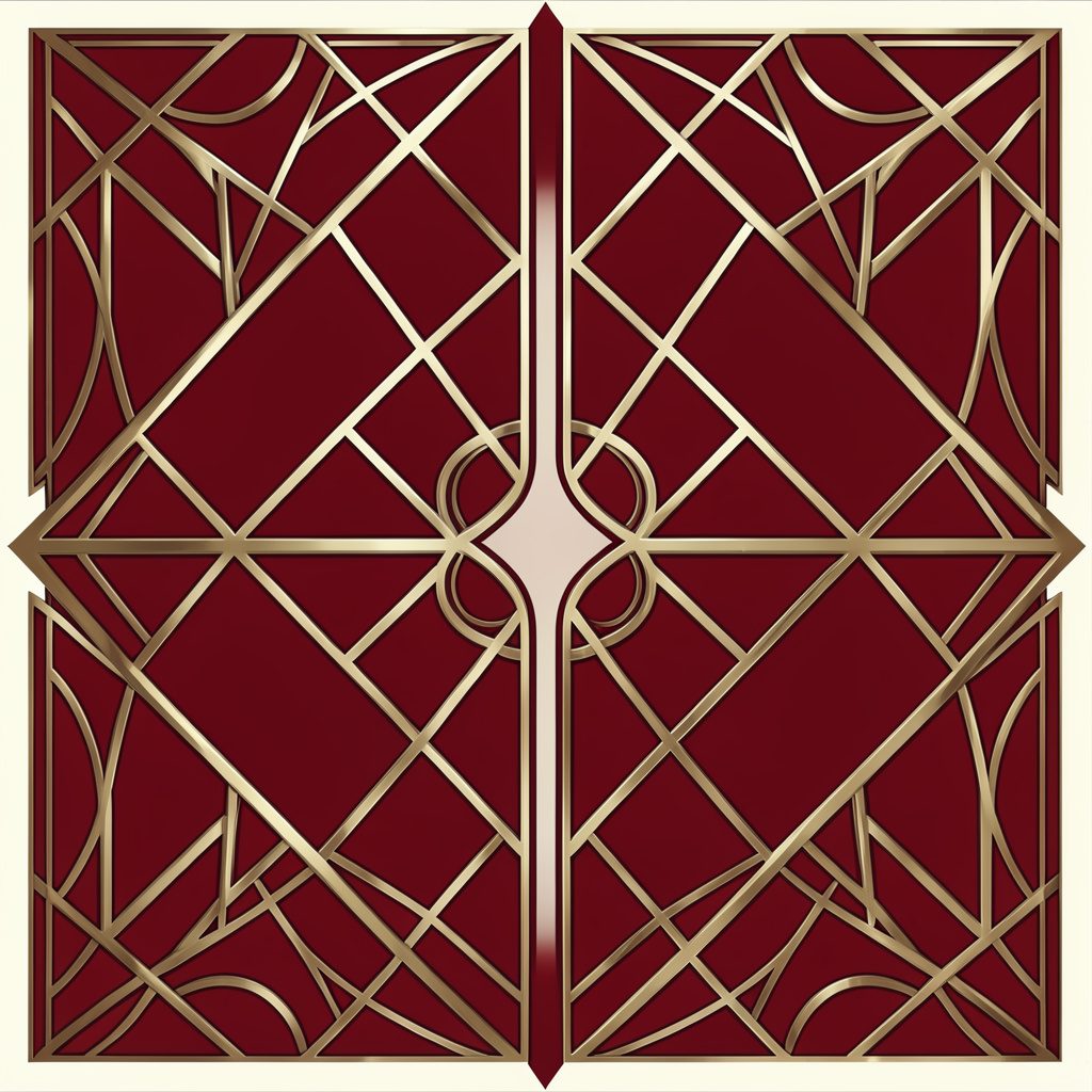 An art-deco geometric composition with symmetrical motifs in deep red, gold, and cream, evoking a festive holiday mood
