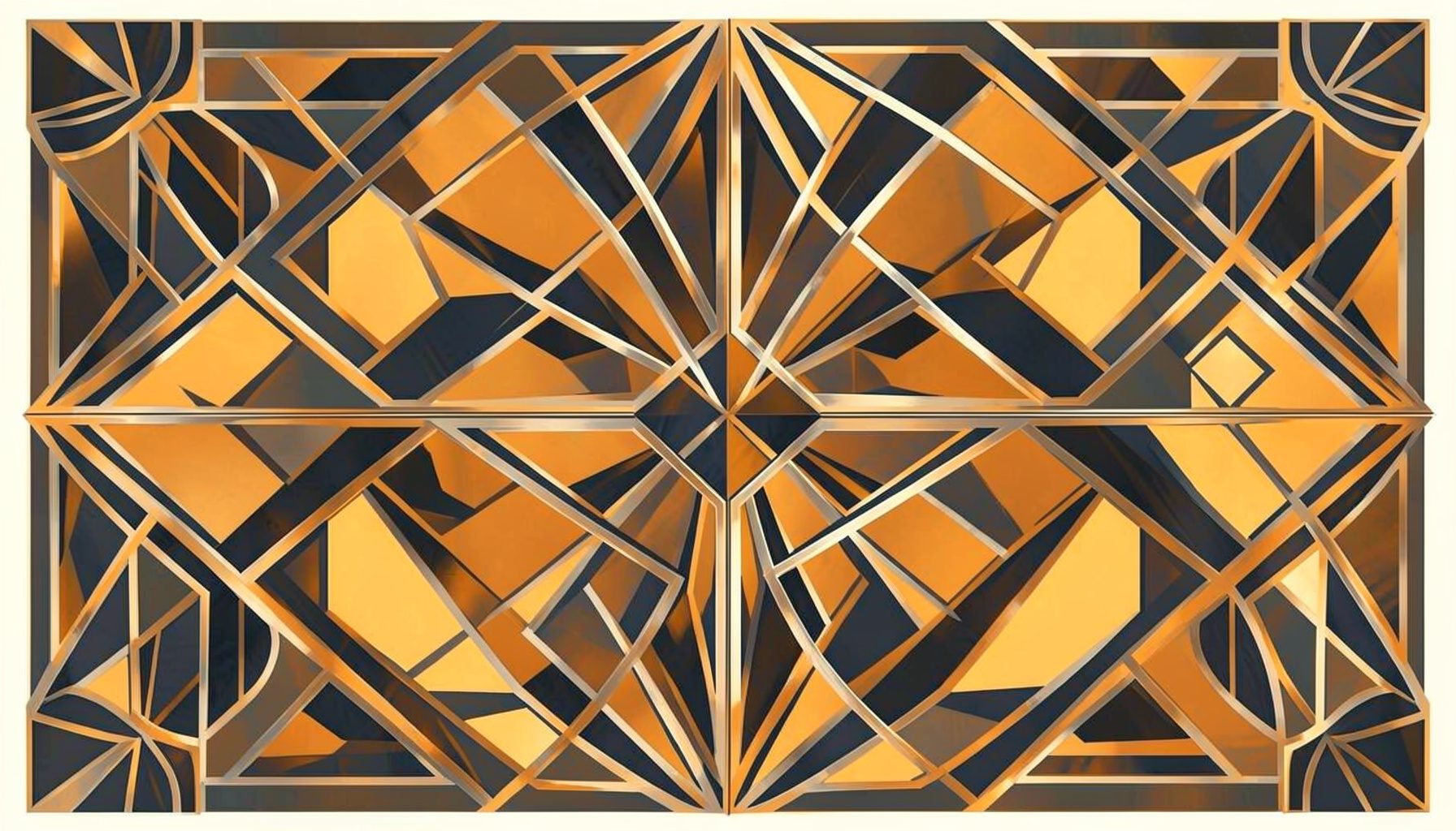 An art-deco geometric composition with symmetrical motifs in warm amber, charcoal, and ivory, suggesting a lively festival atmosphere