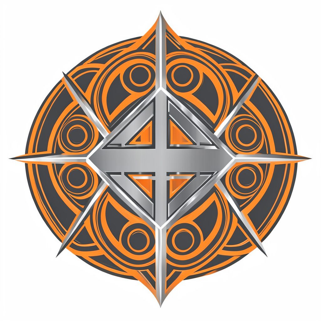A dynamic fitness-inspired emblem with bold sans-serif type and energetic circular motifs in orange and charcoal