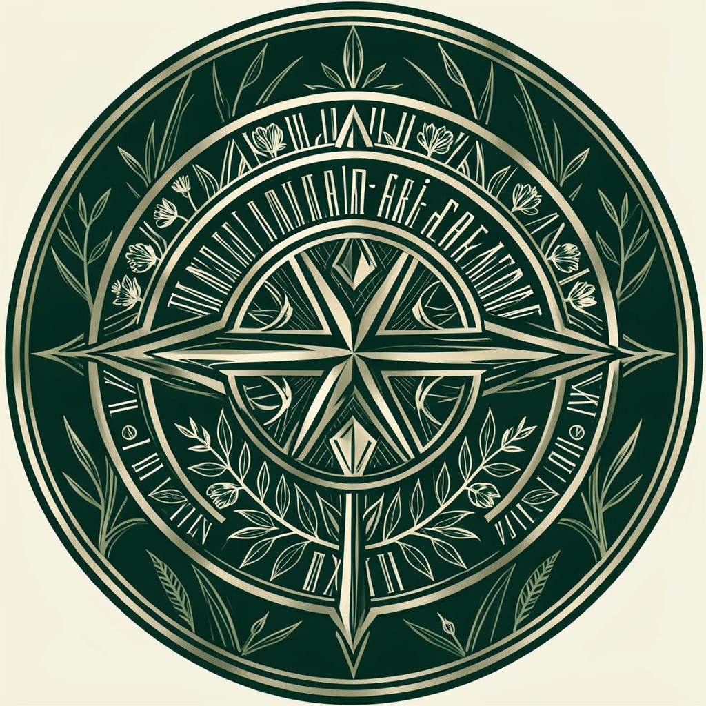 A bold circular emblem with layered typography and botanical motifs in deep green and cream tones