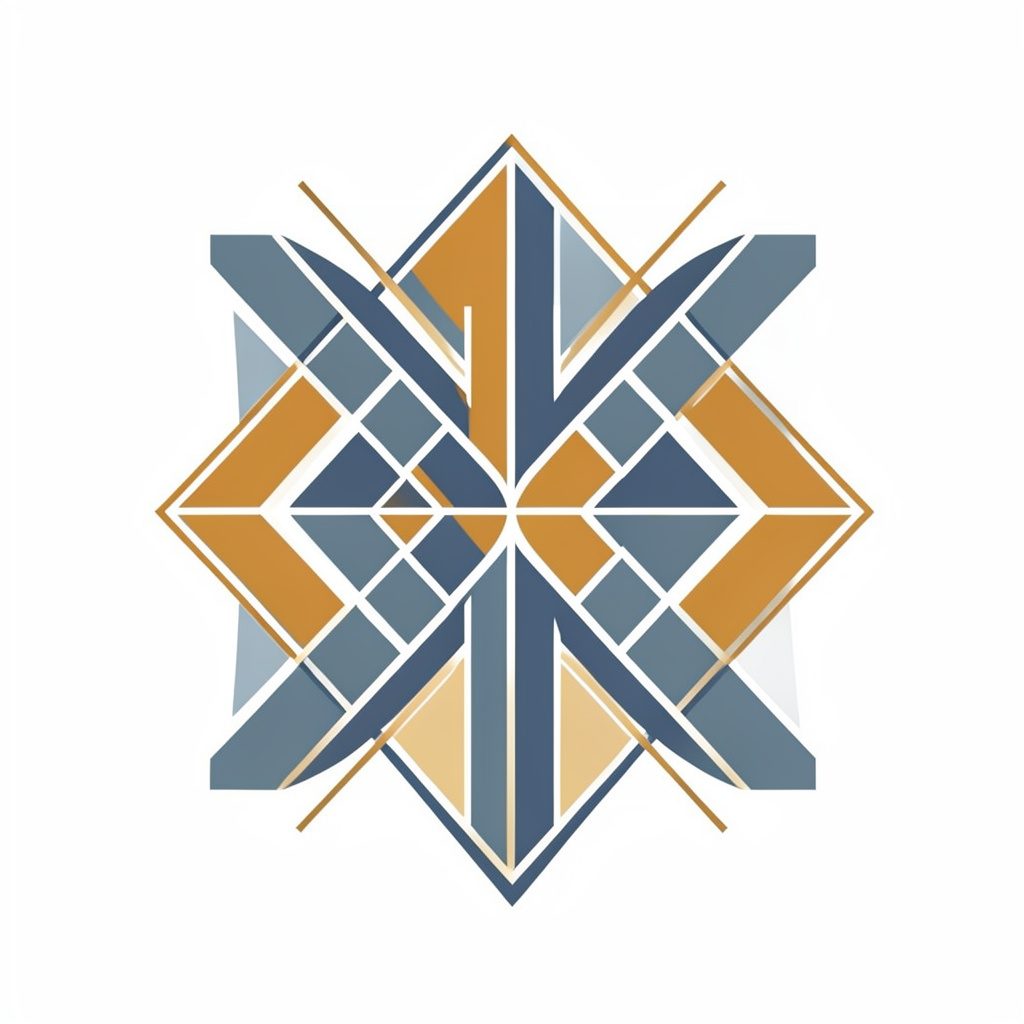 A clean geometric mark combining abstract shapes and letterforms in slate blue and warm ochre