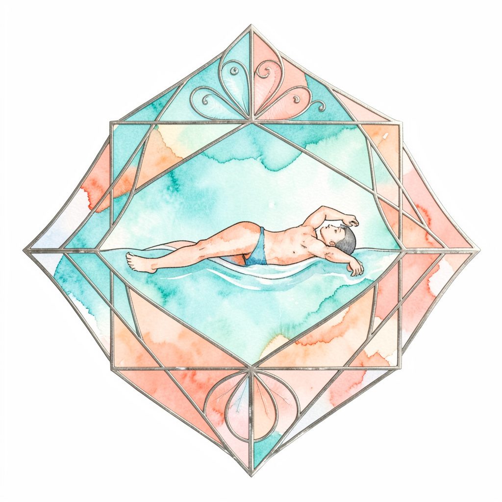 A playful illustrated mark featuring a swimming figure and soft watercolor textures in aqua and coral