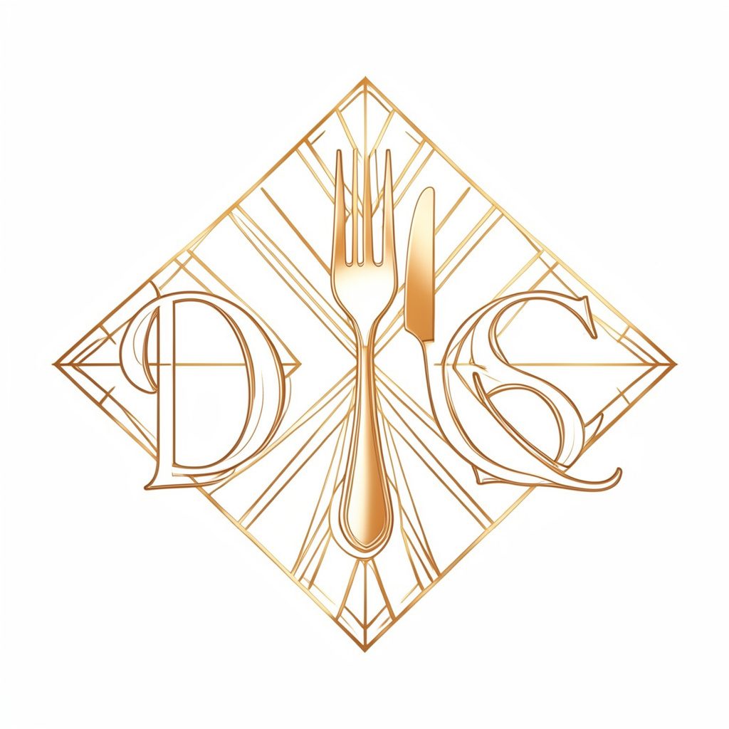A refined editorial wordmark with delicate serif lettering and a fork-and-knife icon in warm amber tones