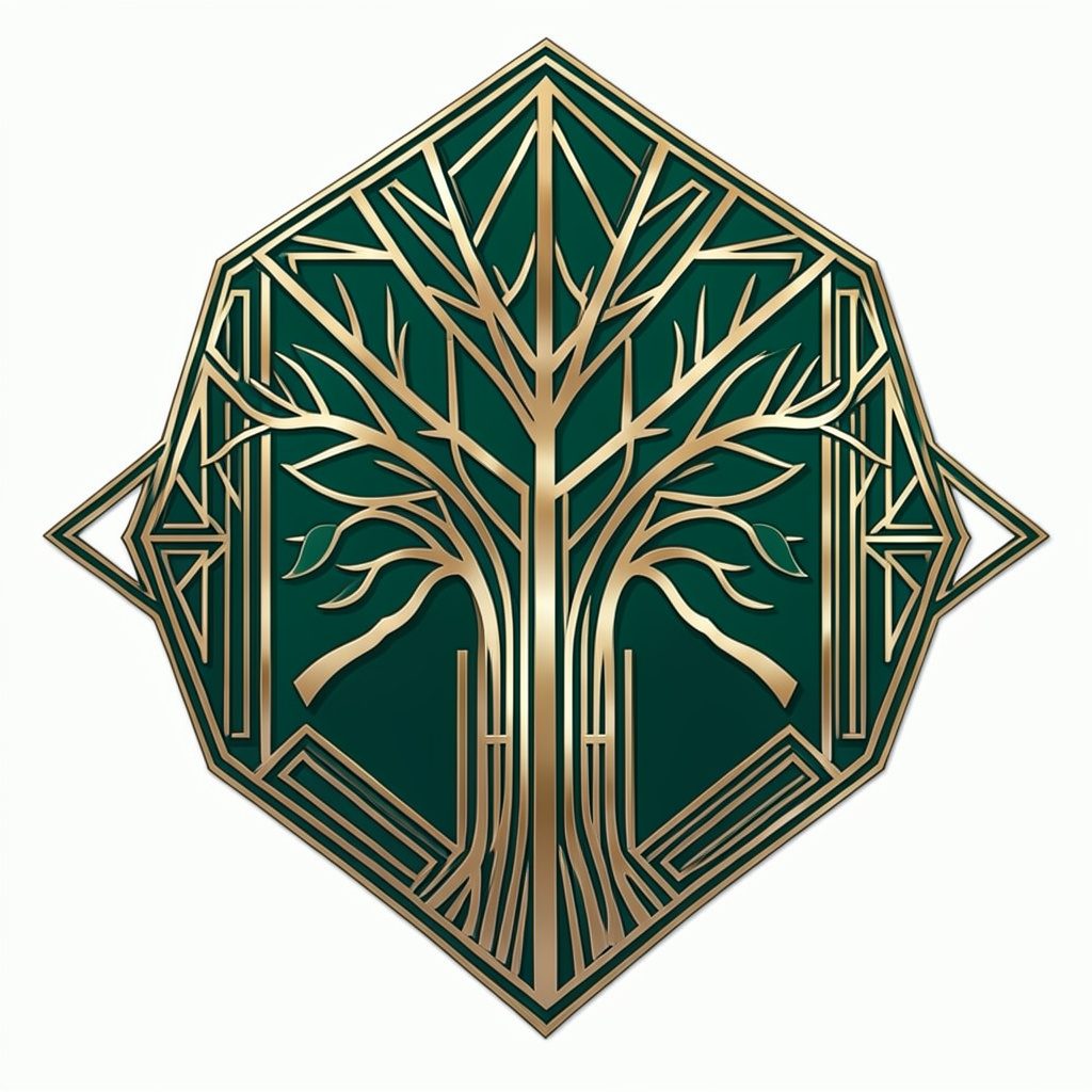 An institutional logo with structured typography and a symbolic tree motif in forest green and gold