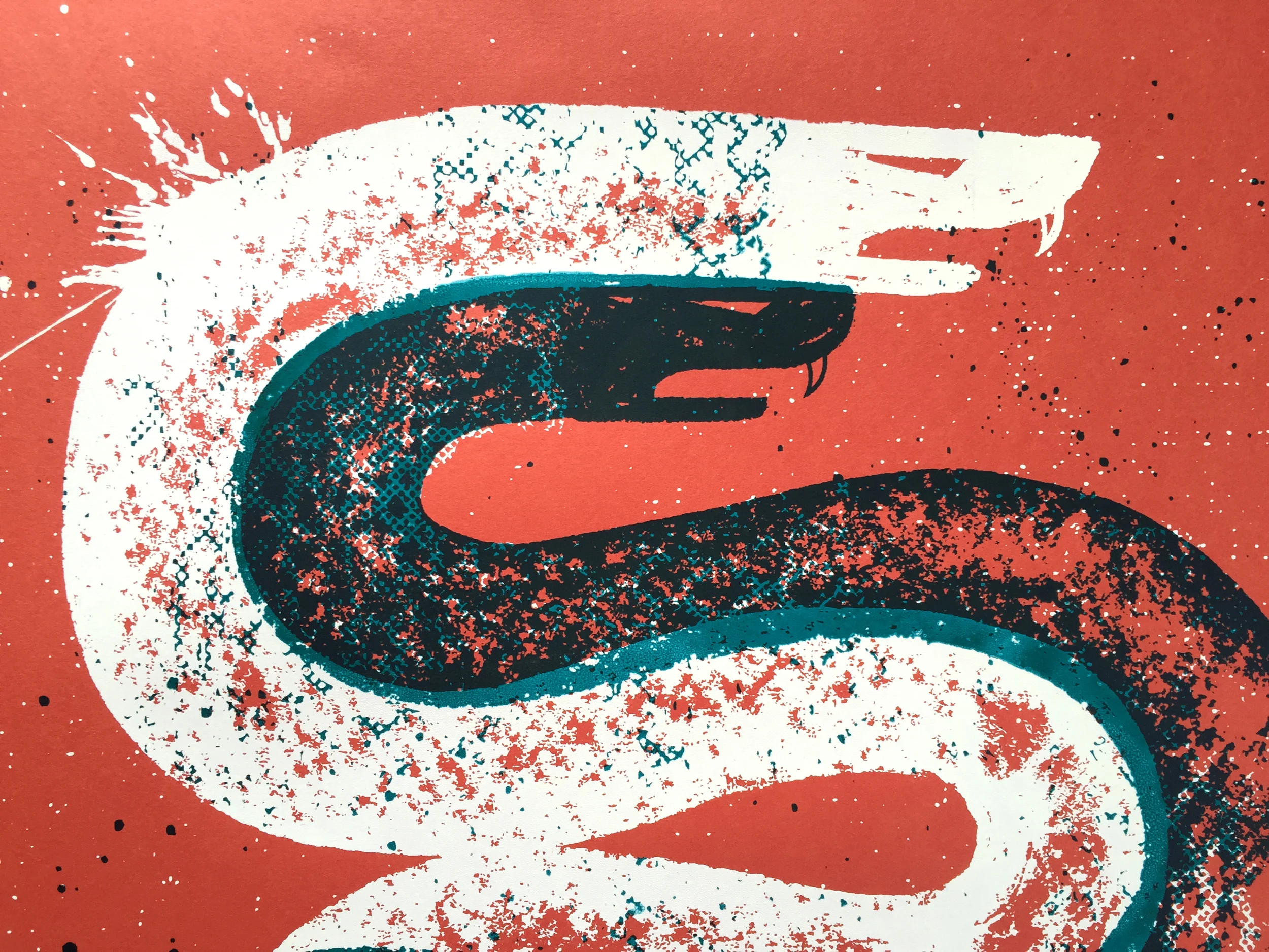 Close-up of a winding snake illustration in teal, white, and orange with a textured, speckled paint effect, on an orange background