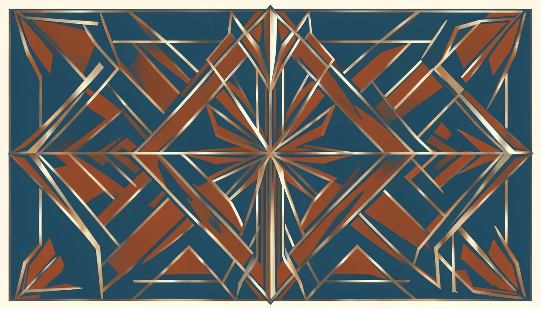 An art-deco geometric composition with symmetrical motifs in slate blue, burnt orange, and cream, suggesting strength and motion