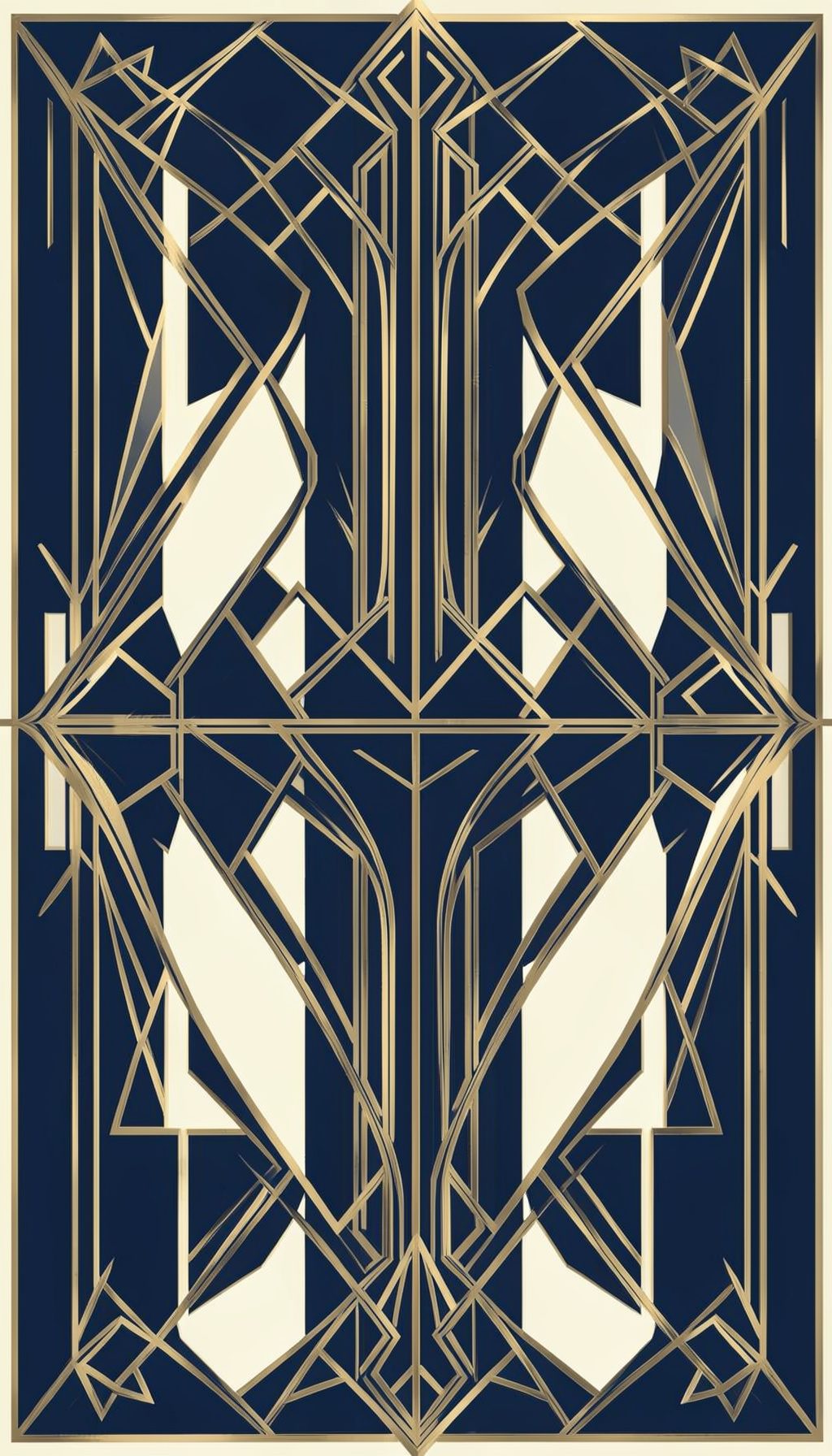 An art-deco geometric composition with symmetrical motifs in muted gold, navy, and cream tones